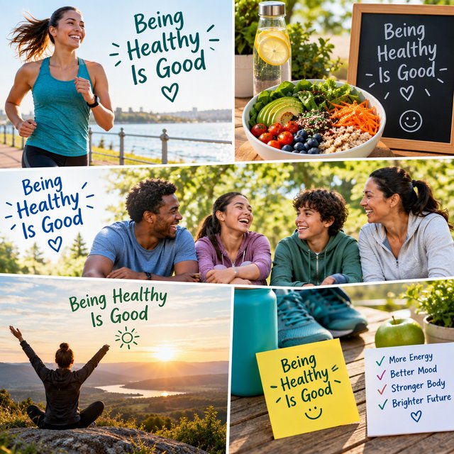 An image relating to good health and happiness. The words “Being Healthy Is Good” appear in the background at least a couple of times. 4–7 moments. — GPT Image 2.5 Flare