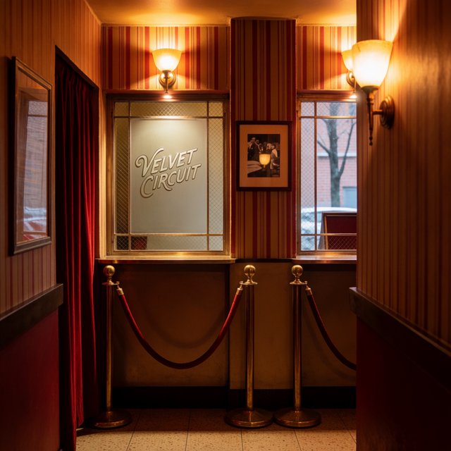 A narrow neighborhood cinema lobby glows with amber sconces, velvet ropes, and framed film stills; "VELVET CIRCUIT" is etched in elegant silver lettering across the frosted glass ticket-booth window. — Krea 2 Medium
