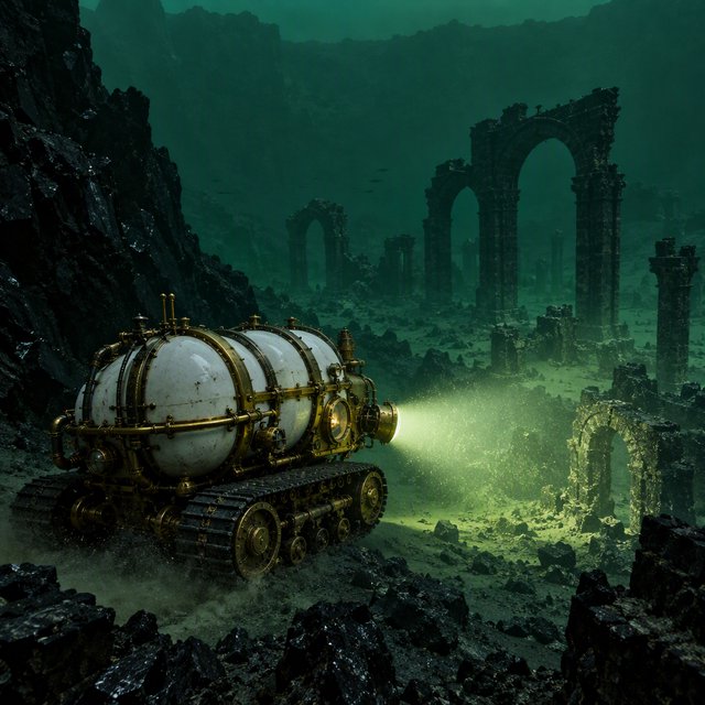 A brass-and-ceramic deep-sea crawler with arched pressure tanks trundles across the floor of a sunken obsidian caldera. Its searchlight cuts through green silt, revealing ruined stone arches far below the surface. — GPT Image 2.5 Flare