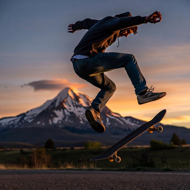 A man wearing a hoodie, jeans, and sneakers rides a skateboard that has taken off the ground. A low angle shows the man on the skateboard up in the air at high speed, with a snow-capped peak in the background beneath a setting sun in the evening sky. — ImagineArt 2