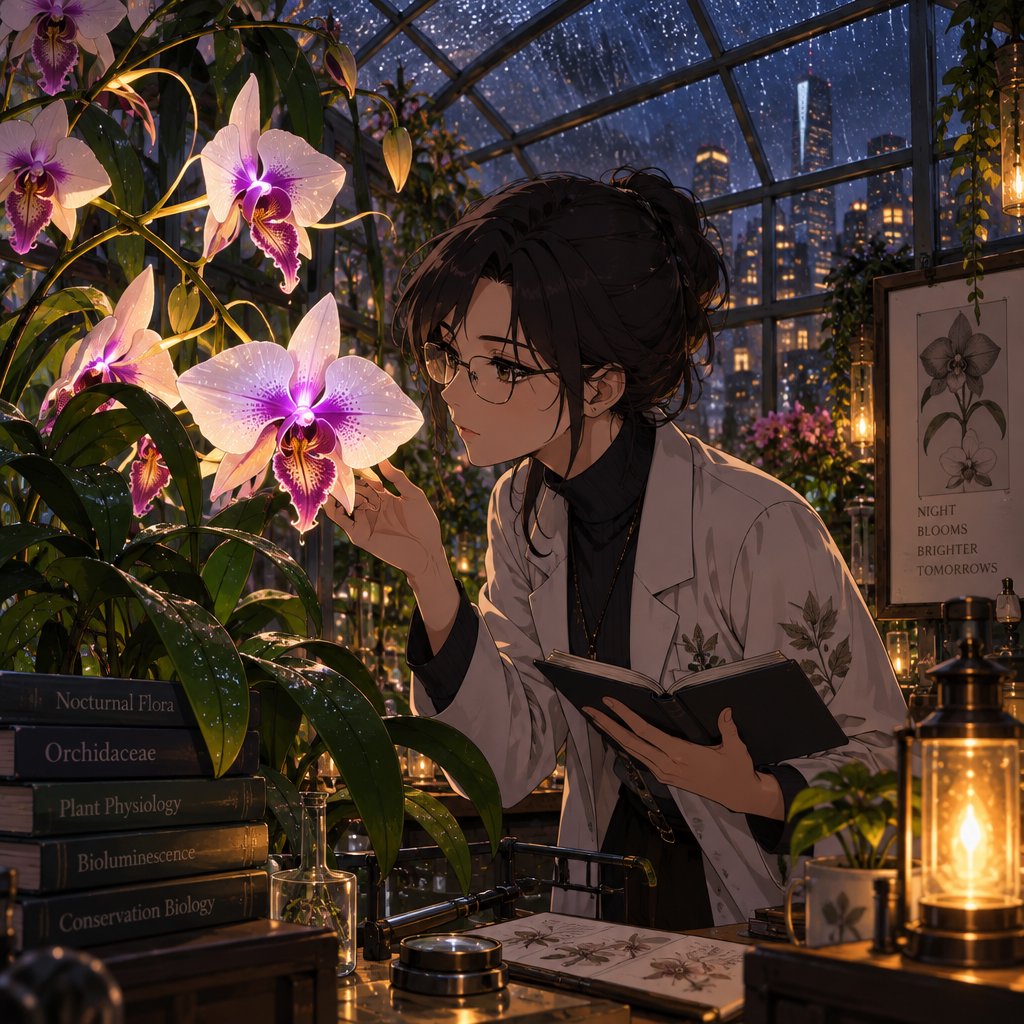Rain beads on a rooftop greenhouse as an adult botanist studies luminous night-blooming orchids beneath glass panes; cel-shaded anime illustration in digital paint, palette of jade, magenta, indigo, and warm amber. — GPT Image 2.5 Sunburst