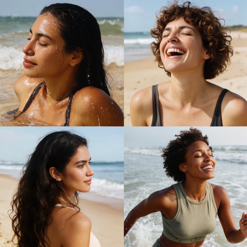 Photorealistic collage of at least four distinct beach scenes showing adult women from around the world having fun, with each scene presented from a different camera angle. — Krea 2 Large