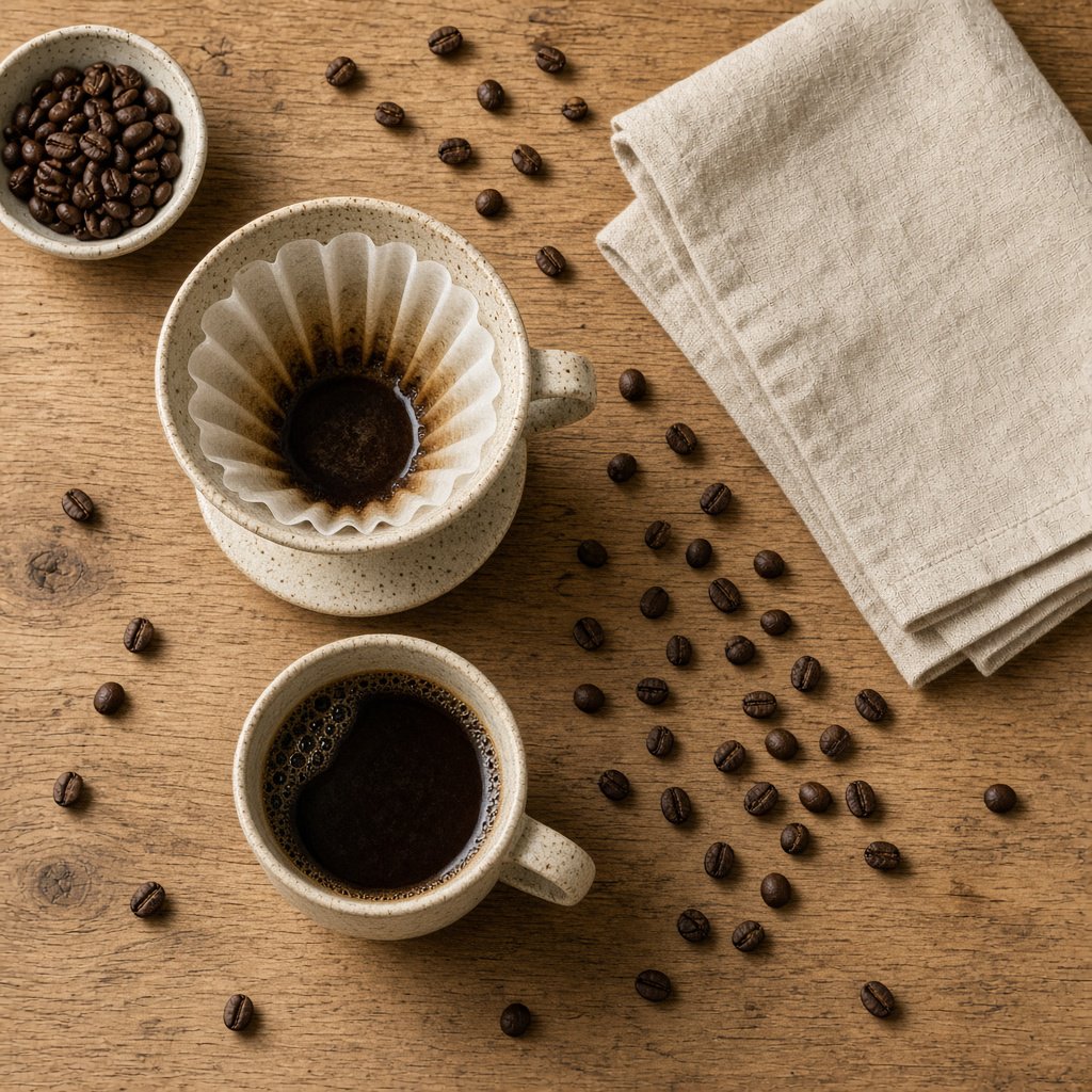 Overhead flat lay of a ceramic pour-over coffee set on oak, roasted beans scattered, a folded linen napkin, warm natural light. — Grok Imagine Image 2