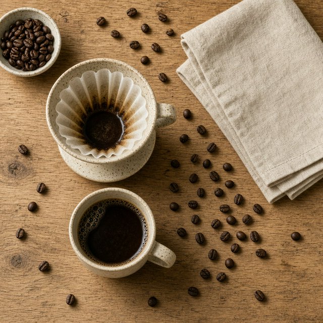 Overhead flat lay of a ceramic pour-over coffee set on oak, roasted beans scattered, a folded linen napkin, warm natural light. — Grok Imagine Image 2