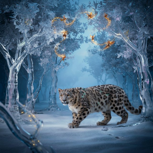 A majestic snow leopard, its fur shimmering with an internal bioluminescent glow, stalks through a frozen, enchanted forest. Crystalline trees with glowing, frost-covered leaves create a magical winter wonderland. Tiny, winged sprites flit between the branches, leaving trails of stardust. The image should capture the essence of a fairytale winter scene with a touch of photorealism, emphasizing the mystical light and the creature's ethereal presence. — Model 7