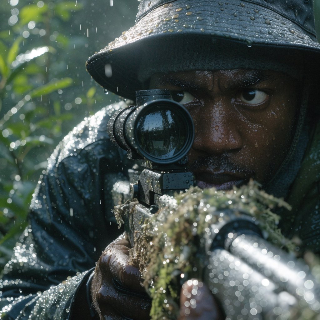 An adult sniper concealed in dense jungle foliage, aiming at a distant target, with a close-up view of his focused face. — Recraft v4
