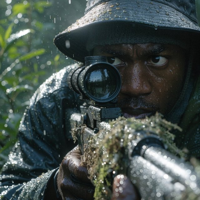 An adult sniper concealed in dense jungle foliage, aiming at a distant target, with a close-up view of his focused face. — Model 16