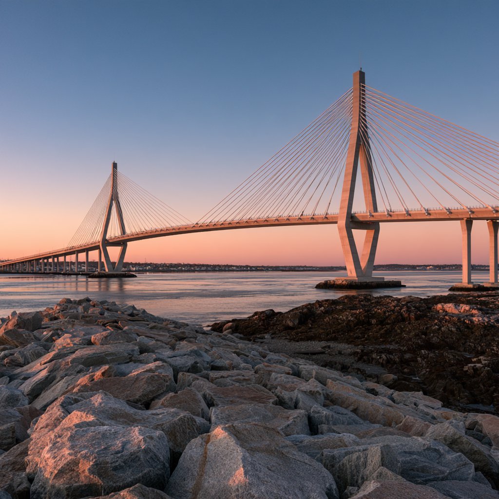 Across a sheltered coastal inlet, a contemporary high-tech cable-stayed bridge spans between granite shores, its slender steel pylons and pale concrete deck catching cool sunrise light; viewed from a rocky bank, straight lines and credible engineering define the scene. — Midjourney V8.2