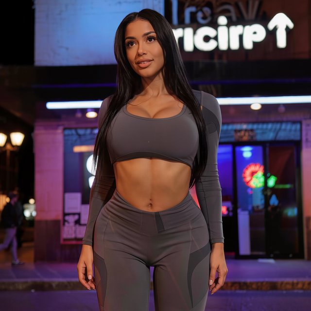 A very pretty Indian woman, 19–27 years old. She is slim with wide hips and is wearing a fitted crop top and leggings. Full-body image. Outside a nightclub. — Model 8