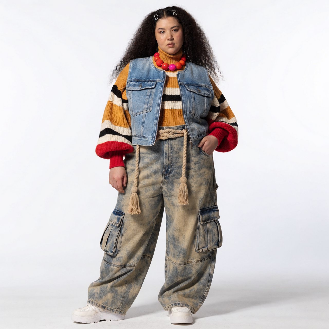 A pretty mixed-race woman of Korean, White, and Black heritage, curvy, full-body image, plain background. — Recraft v4 Pro