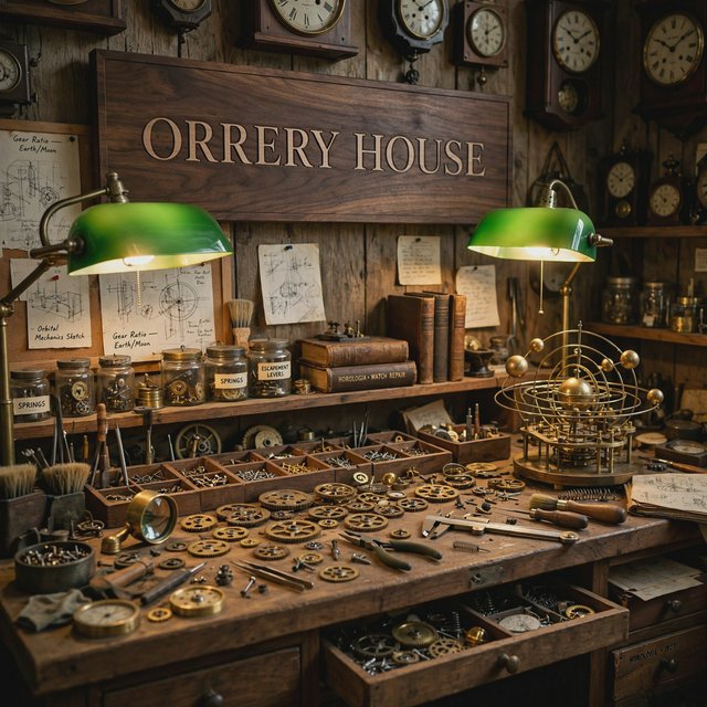 Inside a quiet clockmaker’s workshop, brass gears and tiny tools gleam beneath green-shaded lamps; "ORRERY HOUSE" is engraved in crisp serif letters on a dark walnut sign above the repair counter. — Muse Image 1.0