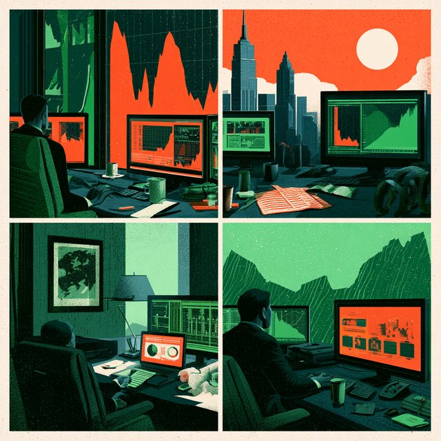 An image depicting the highs and lows of trading, in at least four panels. It ends with a very green day, record profits, and a lesson. — Model 13