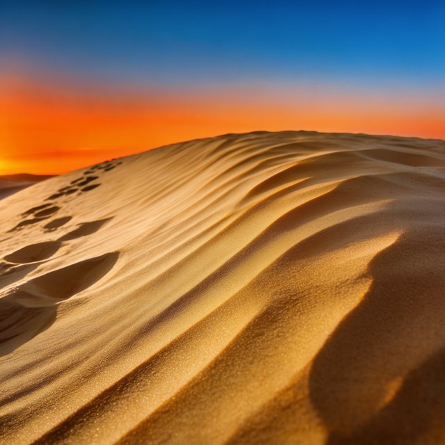 Sand dunes at sunset with wind-blown ridges, one set of footprints, deep blue sky fading to orange. — Krea 2 Large