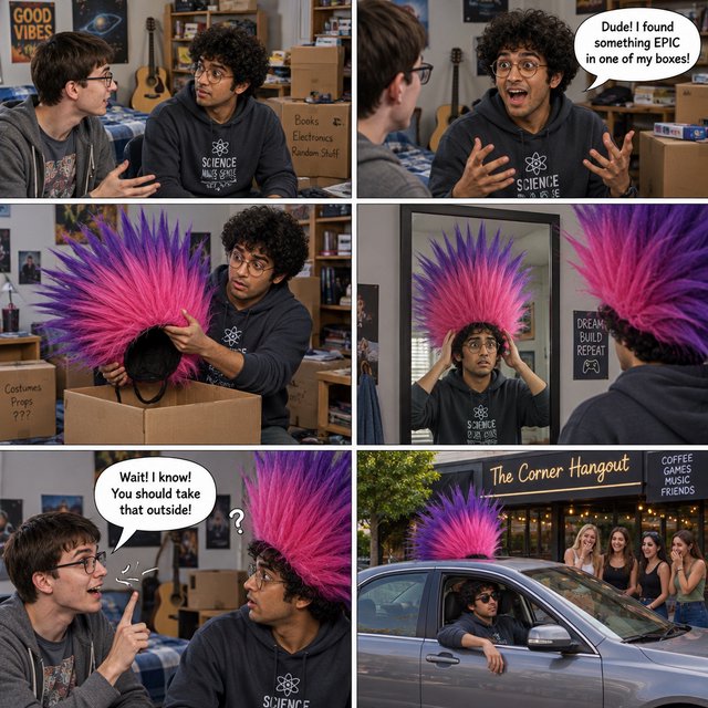 A three-row, six-panel sequence. Panel 1: A short-haired, nerdy man is talking to his friend Babu, another nerd with curly hair and round-frame glasses. They are both 20. Babu's room has a guitar and boxes full of things. Panel 2: Babu is exclaiming to his friend, saying something! Middle row, panel 3: Babu brings a spiky Mohican wig, pink to purple in color, out of one of his boxes. But it is oddly big. Panel 4: Babu stands in front of a wall mirror wearing the spiky wig—it is oddly very big! He looks concerned. Bottom row, panel 5: Babu's nerdy friend exclaims something to him, as if he has had an idea. Bottom row, panel 6: Babu is in a right-hand-drive sedan with a sunroof. Half of the spiky hair on his wig sticks out through the sunroof. The car is parked in front of a neighborhood hangout. Babu is looking out of the window, with one hand out of it. He wears sunglasses, trying to look cool. Several pretty adult women his age are giggling at him. — GPT Image 2.5 Flare