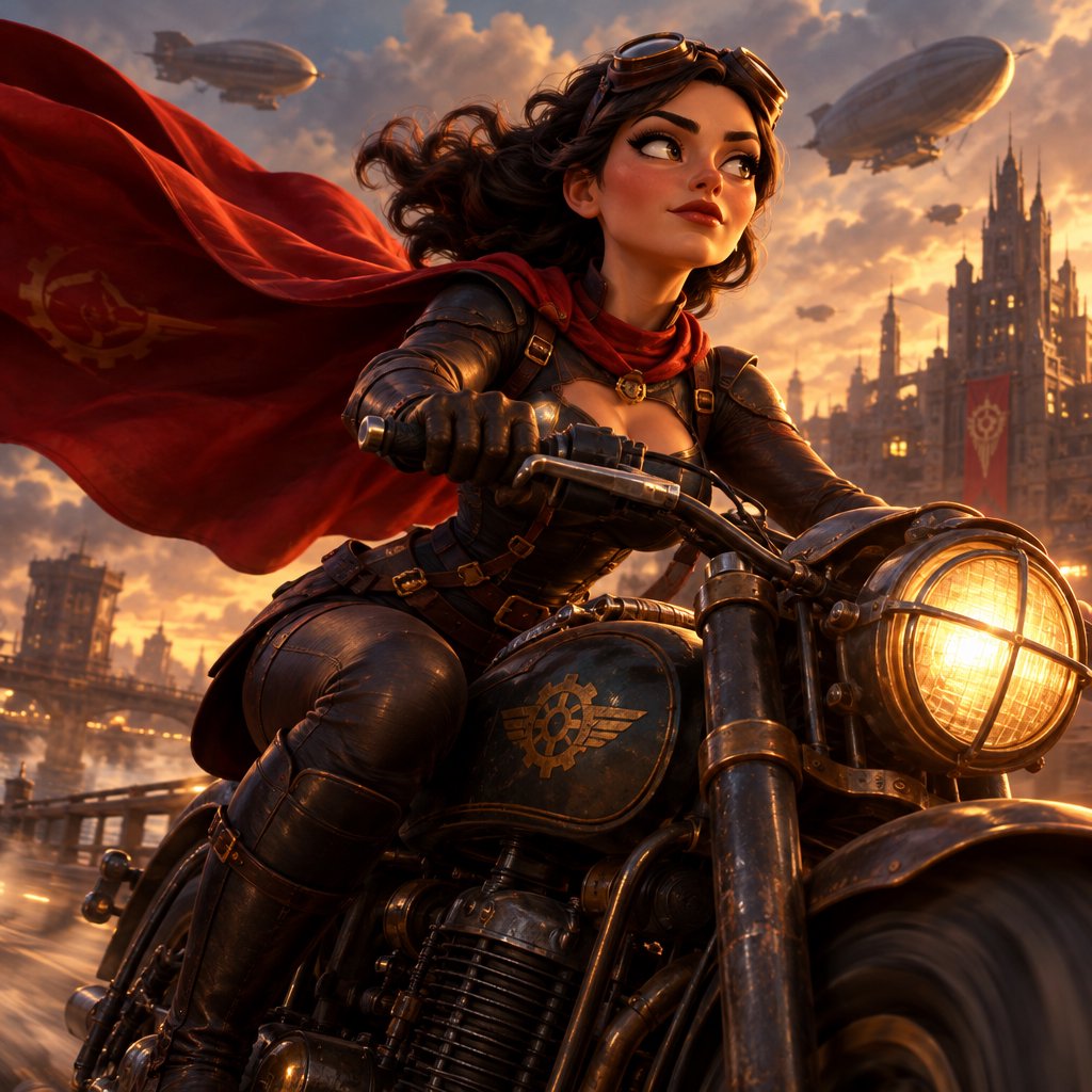 A modeled 3D character design featuring exaggerated, caricatured proportions and a striking silhouette—combined with subtle, nuanced skin shading and warm, cinematic rim lighting—creates an elegant aesthetic reminiscent of modern animated films. The result is a polished, stylized rendering characterized by rich color depth, expressive caricatured facial features, painterly texture details, and a dramatic, theatrical atmosphere typical of contemporary animation. An adult female superhero with a flowing cape on a moving motorcycle. Dieselpunk style. — GPT Image 2.5 Flare
