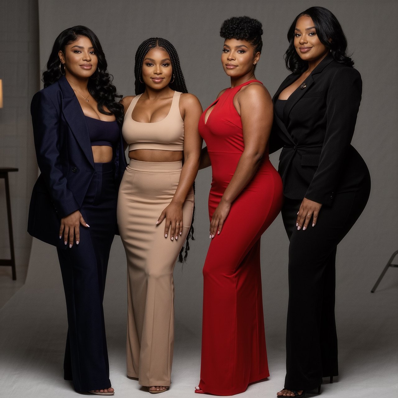 Realistic image of four women standing near each other. All are wearing fitted outfits. All are slim but still curvy Black women. Each woman has a unique, pretty face, and they all look different from one another. Full-body image. Plain background. — Kling v3 Omni