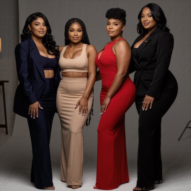 Realistic image of four women standing near each other. All are wearing fitted outfits. All are slim but still curvy Black women. Each woman has a unique, pretty face, and they all look different from one another. Full-body image. Plain background. — Model 8