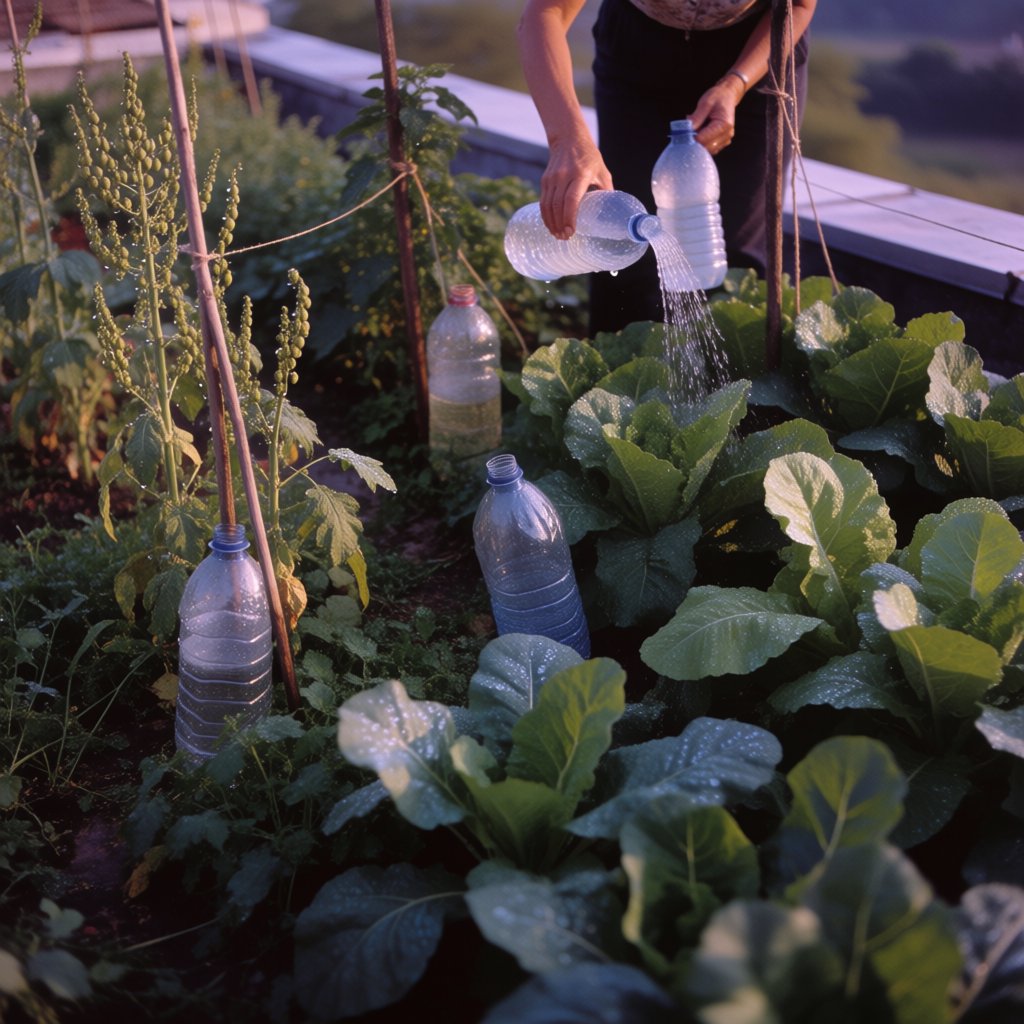 Candid documentary photograph of an adult tending a rooftop vegetable garden in the late afternoon, soft side light, 50mm lens with moderate depth of field, water droplets glinting on freshly watered leaves. — Krea 2 Medium
