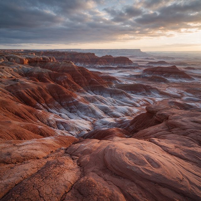 A red-sandstone badlands plateau beneath clearing winter clouds at sunrise, overnight frost silvering the gullies; cracked clay and wind-smoothed rock lead the eye across layered mesas fading into pale distance. — Seedream 5.0 Pro
