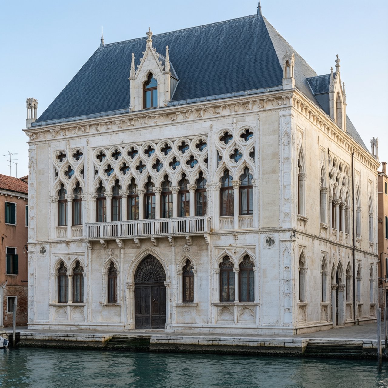 Exterior of a Venetian Gothic opera house beside a quiet canal, pale Istrian limestone, pointed arches, quatrefoil tracery, and a steep slate roof; cool morning light, viewed from across the water, crisp masonry lines and believable structure. — Qwen Image 3.0 Pro