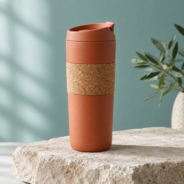 Commercial product photograph of an unbranded insulated travel mug made from matte terracotta powder-coated steel with a cork grip, standing on a pale limestone slab against a soft teal background, lit by broad diffused window light and a gentle edge light. — GPT Image 2.5 Flare