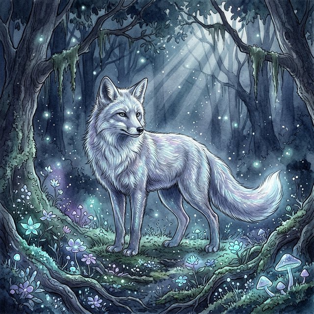 A majestic fox with fur like spun moonlight, standing in a clearing bathed in ethereal light. Bioluminescent flowers bloom around its paws, casting a soft, otherworldly glow. The scene is rendered in a detailed watercolor illustration style, with delicate brushstrokes and a muted, mystical color palette. Cinematic lighting emphasizes the magical ambiance. — Model 15