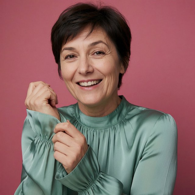 Portrait photograph of an adult woman in her early 60s wearing a softly pleated sea-green silk blouse, hands brushing its gathered sleeve fabric. Her amused, open expression stands against a matte rose backdrop, illuminated by broad, gentle studio light. — Krea 2 Medium