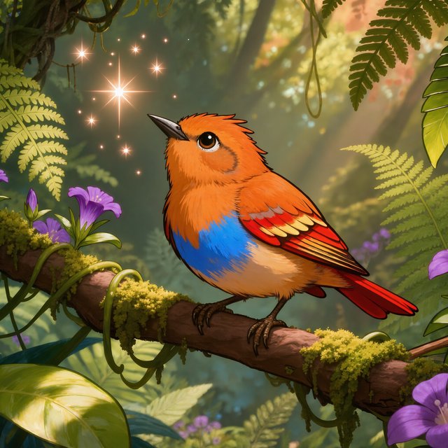 Create a vibrant digital artwork with clean lines depicting a small, colorful bird in the jungle. Combine rich, warm tones—such as soft orange, bold red, and dynamic yellow—with cool colors like brilliant blue, emerald green, and radiant violet. The atmosphere should feel fairytale-like, enhanced by striking lighting that underscores the scene's magic. Use bright, bold colors harmoniously to create a balanced composition. The overall style should be imaginative and captivating, transporting the viewer to another world. — Kling v3 Omni