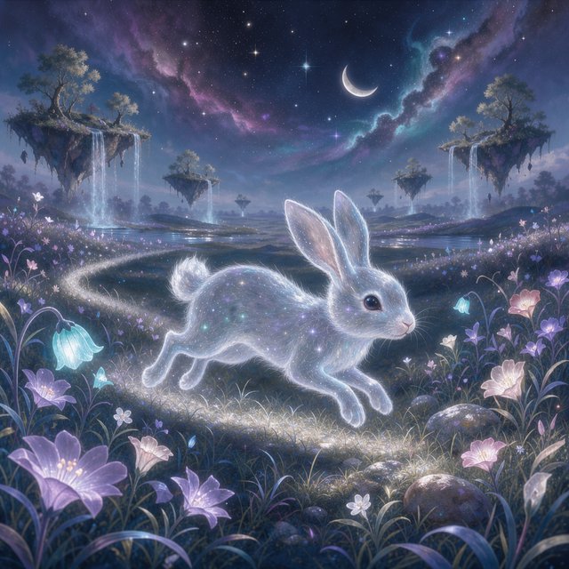 An ethereal rabbit, its fur made of shimmering moonlight, hops through a field of glowing, otherworldly flowers under a sky filled with nebulae. The landscape is dreamlike and surreal, with floating islands in the distance. The style is a delicate digital painting with fantasy elements, evoking a sense of wonder and tranquility. — FLUX 3 Image