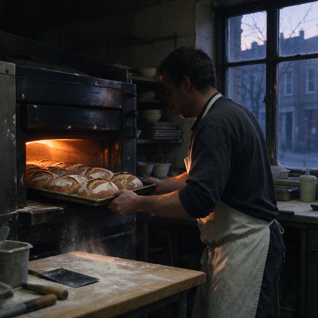 Candid documentary photograph of an adult baker sliding a tray of bread into a neighborhood bakery oven, warm oven glow mixing with gray dawn window light, 35mm lens with moderate depth of field, flour dust suspended above the workbench. — Seedream 5.0 Flash