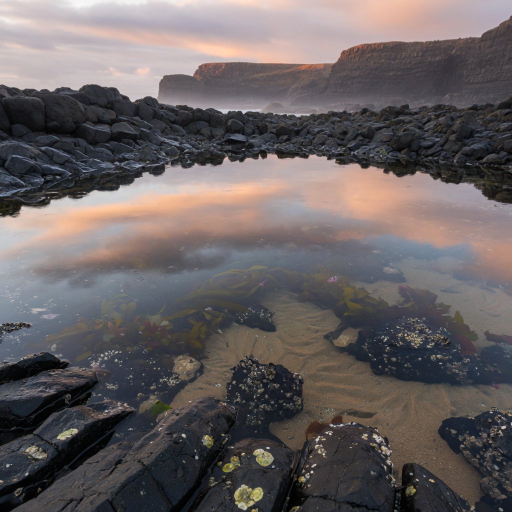 At dawn on a rugged basalt shore, a tide pool mirrors clearing rain clouds; translucent water reveals rippled sand, barnacle-crusted rock, and blurred kelp below the surface, with slick foreground stone leading toward hazy coastal cliffs. — Grok Imagine Image Quality