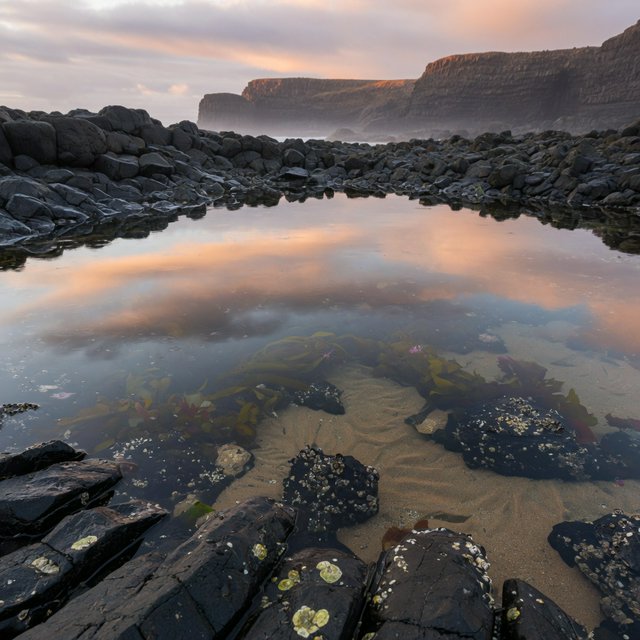 At dawn on a rugged basalt shore, a tide pool mirrors clearing rain clouds; translucent water reveals rippled sand, barnacle-crusted rock, and blurred kelp below the surface, with slick foreground stone leading toward hazy coastal cliffs. — Grok Imagine Image Quality