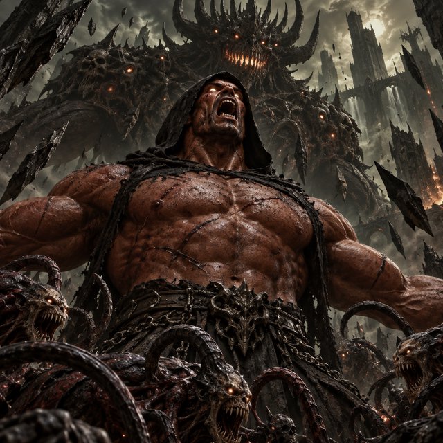 A colossal muscular berserker erupts in a primal roar, framed from the waist upward at a dramatic low angle. His head tilts back, glowing ivory eyes fixed upward, mouth stretched impossibly wide with clearly defined teeth and a cavernous dark interior. A close-fitting black hood frames his angular face, while his bare bronze-red torso displays monumental musculature, fine scars, and jagged surface fissures. Both upper arms thrust outward, elbows and hands beyond the frame, creating a broad, forceful silhouette. Behind him looms a towering obsidian demon with a crown of needlelike horns, scattered ember eyes, a serrated grin, and massive shoulders formed from twisted organic armor. Smaller snarling creatures coil across the lower foreground, their skull-like heads and hooked tendrils overlapping his waist. Razor-shaped fragments sweep diagonally through the scene, directing attention toward his illuminated face and chest. A ruined abyss recedes through smoky olive-green and charcoal haze. — GPT Image 2.5 Sunburst