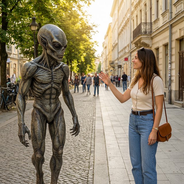 Alien monster walking down the street, greeting a beautiful woman walking toward him down the street on a lovely sunny day! — Qwen Image 3.0 Pro