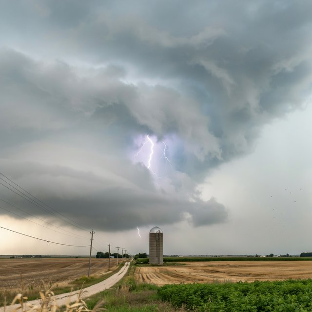 A supercell thunderstorm over flat farmland, lightning inside the cloud, a lone grain silo, dramatic but realistic. — Ideogram v4