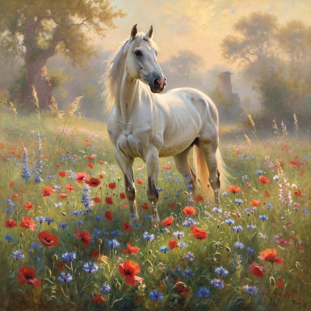 a regal white horse with a flowing mane, standing in a sun-dappled meadow filled with vibrant wildflowers. Gentle light illuminates the scene, highlighting the horse's powerful physique and the delicate details of the flowers. The style is reminiscent of Romantic era landscape paintings with a soft, impressionistic touch. — ImagineArt 2