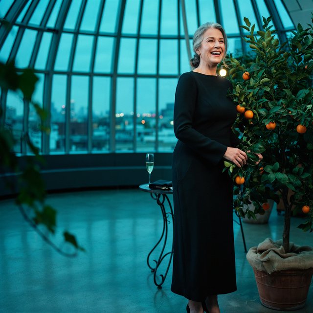 At a quiet rooftop conservatory, an adult woman in her early sixties wears a long-sleeved black evening gown, caught laughing softly beside a citrus tree as blue-hour light spills through the glass; poised styling brings fashion-magazine polish. — Model 7