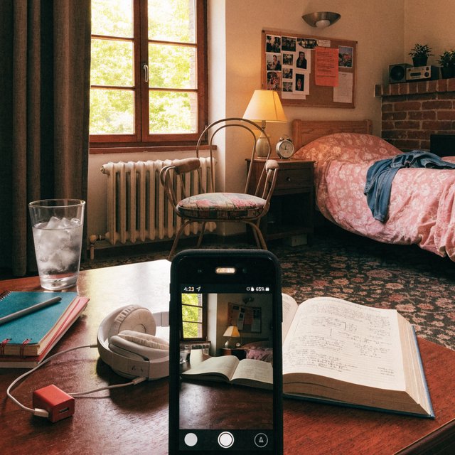 A dorm room belonging to an adult woman, photographed with a cell phone. The camera is sitting on a desk facing the empty chair and the rest of the room. — Recraft v4