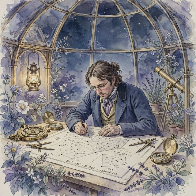 Ink-and-watercolour illustration of an adult astronomer mapping constellations from a glass-domed observatory, surrounded by brass instruments and flowering night plants. Indigo, lavender, and pale gold palette, delicate linework, serene atmospheric detail. — Muse Image 1.0