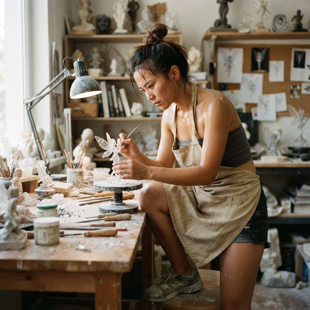 A pulchritudinous, gorgeous, exotic East Asian beauty, aged 24, inside an atelier, wearing a loose workshop apron, a tube top, and hot pants. Sweating profusely, she remains concentrated. She has a focused posture and expression as she looks at the crystalline object in the foreground that she is sculpting into a small, detailed fairy with high precision and clarity. Three-quarter-body mid-shot, Dutch angle. — Nano Banana 2 Lite