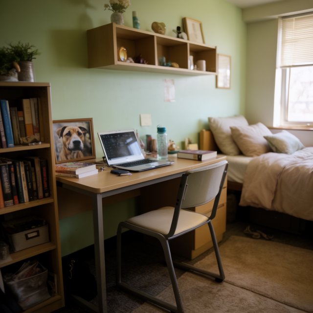 A dorm room belonging to an adult woman, photographed with a cell phone. The camera is sitting on a desk facing the empty chair and the rest of the room. — Krea 2 Large