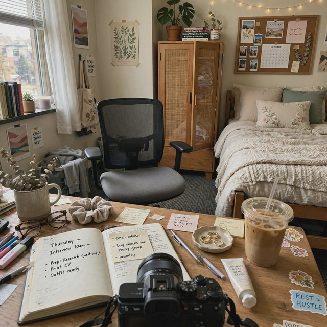 A dorm room belonging to an adult woman, photographed with a cell phone. The camera is sitting on a desk facing the empty chair and the rest of the room. — Muse Image 1.0