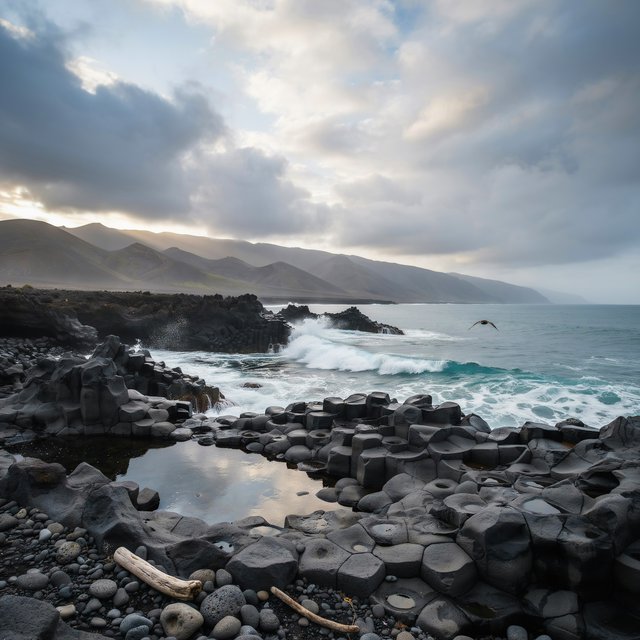 A rugged volcanic coastline under clearing storm clouds at late afternoon, black basalt shelves descending into turquoise surf, sea spray clinging to jagged rocks, tide pools reflecting distant cliffs and layered mountains fading into rain haze. — Ideogram v4