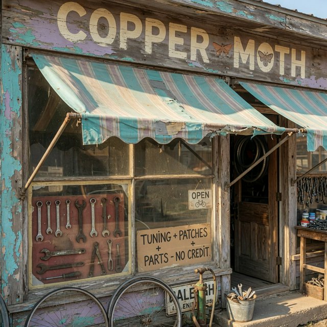 An old roadside bicycle workshop beneath a faded striped awning, rusted tools displayed in the window, with "COPPER MOTH" painted in cream block letters across the weathered wooden fascia, afternoon sunlight catching peeling turquoise paint. — Grok Imagine Image Quality