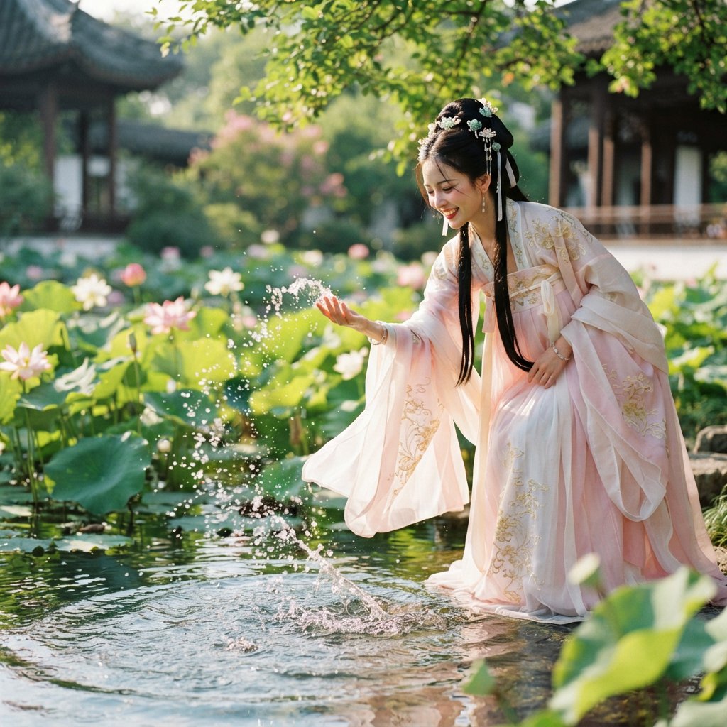 Cinematic shot, a breathtakingly stunning adult Chinese woman from ancient times playing joyfully by a crystal-clear lotus pond, mid-summer afternoon. She is wearing an exquisite, flowing silk Hanfu dress in pastel pink and white with intricate gold embroidery. Her face is porcelain-smooth, with delicate makeup, long black hair elegantly styled with jade hairpins, and a radiant, charming smile. Water droplets frozen in mid-air, sunlight filtering through lush green lotus leaves, creating dappled light on her skin. Shallow depth of field, bokeh background of traditional Chinese architecture, hyper-realistic, soft natural lighting, serene yet playful atmosphere. — Nano Banana 2 Lite