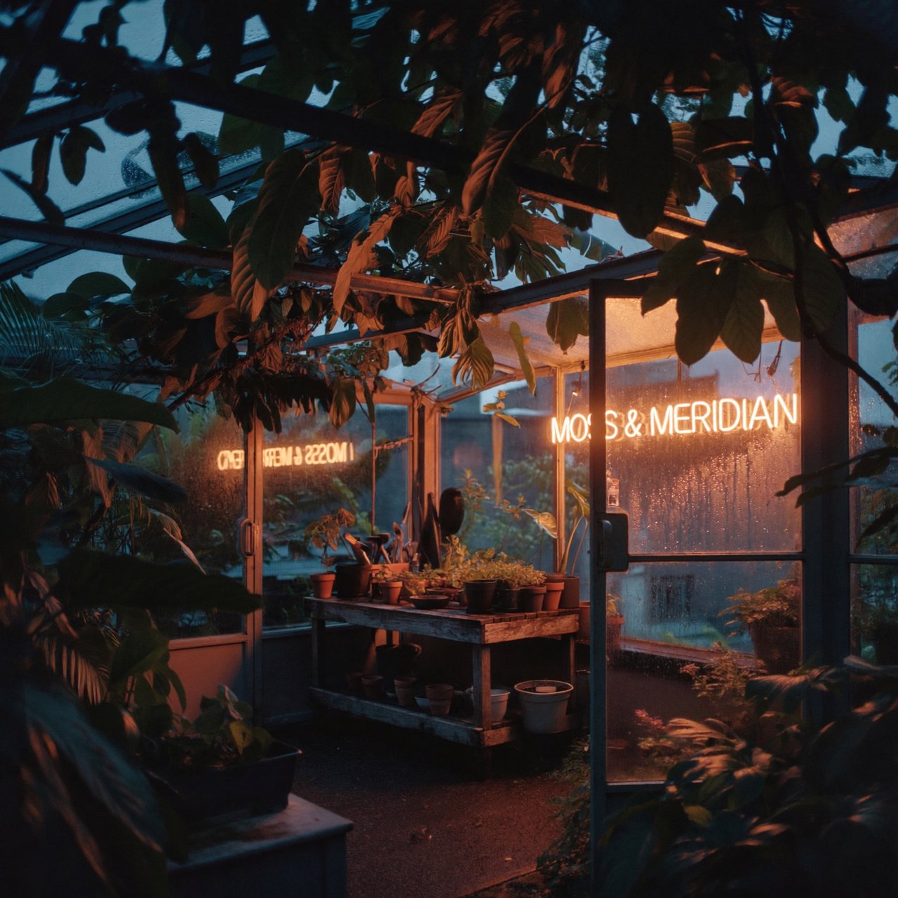Inside a rooftop greenhouse at blue hour, tropical leaves crowd iron beams above a quiet potting bench; "MOSS & MERIDIAN" glows in warm amber neon along the glass entrance, with rain beads catching the light. — ImagineArt 2