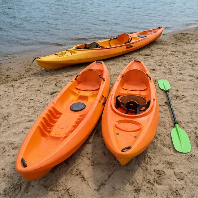 Exactly three orange kayaks rest on a sandy shore: two side by side in the foreground and one behind them near the water. A green paddle lies to the right of the kayaks, nothing else. — Qwen Image 3.0