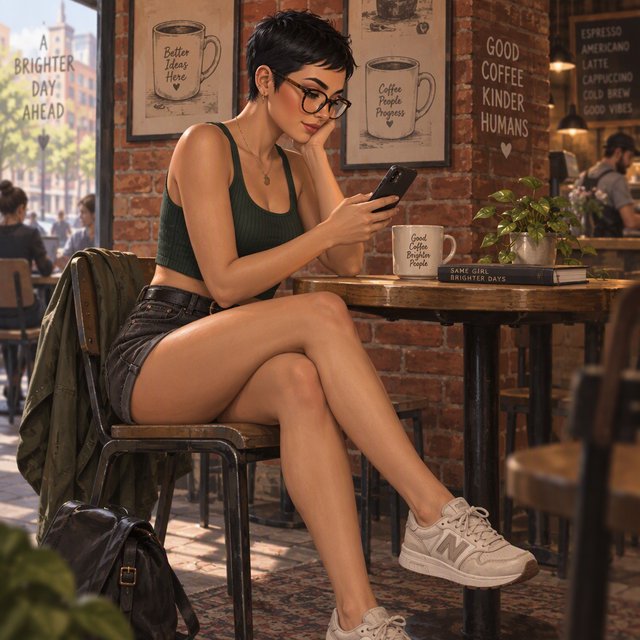 SUBJECT: Side view of a young woman seated at a cafe table, beautiful legs crossed, reading her phone. CHARACTER: 25-year-old woman with an extremely short black pixie cut, all hair under one inch. Stylish glasses, tight dark green ribbed tank top, bare midriff, shorts, comfortable shoes. SETTING: Trendy urban cafe, red brick walls decorated with framed sketches of coffee mugs. STYLE: Stylized semi-realistic digital painting, animation-inspired characters and environments. Expressive faces, large eyes, strong brows, simplified anatomy, convincing 3D volume and depth. Painterly shape-based rendering, minimal outlines, soft blended shading, broad angular brushstrokes. Luminous colors, warm undertones, restrained highlights. Hair and textures rendered in sculpted masses with selective fine detail. Muted charcoal and earthy palette, soft directional light, cohesive shadows, atmospheric depth. Detailed eyes and lips, simplified backgrounds, loose edges, unfinished brushwork. — Model 4