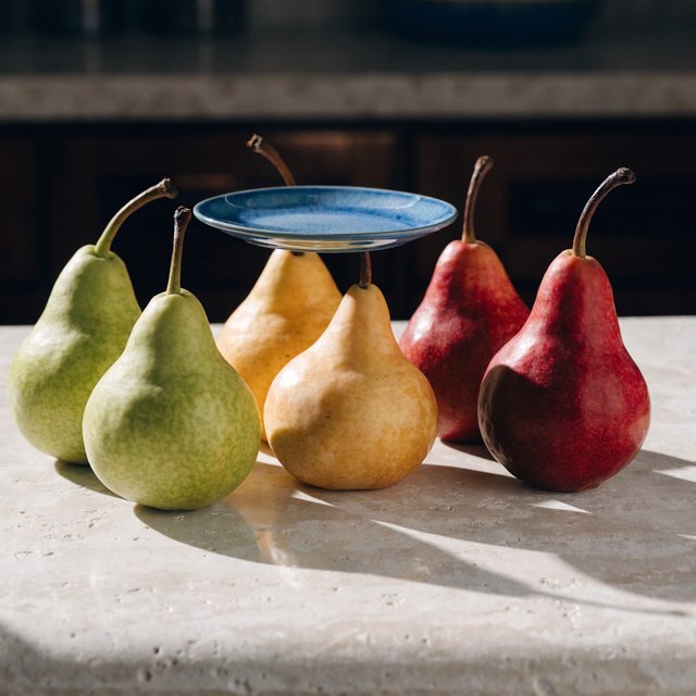 Exactly six ripe pears sit on a pale stone counter: two green pears on the left, two yellow pears in the center, and two red pears on the right. A small blue plate sits above the center pair, nothing else. — Recraft v4 Pro