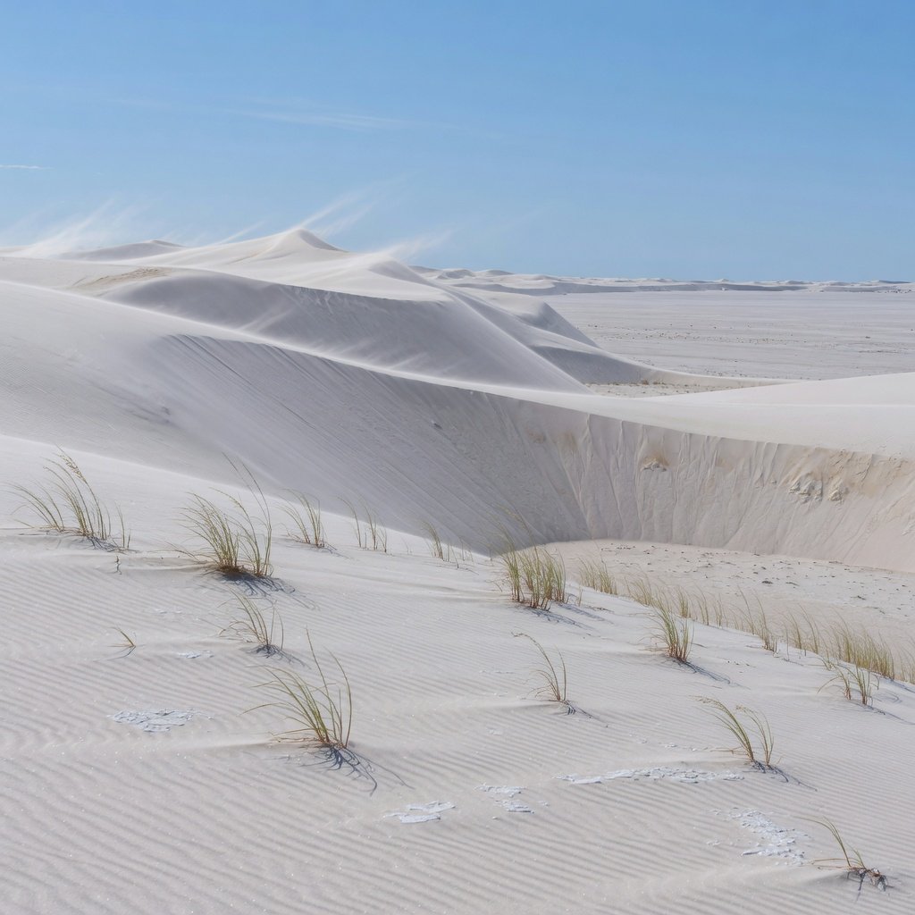A pale gypsum dune field beneath a wind-brushed, cloudless midday sky, fine sand streaming over steep ridges; delicate ripple patterns and scattered salt-tolerant grasses sharpen the foreground as dunes soften toward a distant basin. — Grok Imagine Image Quality